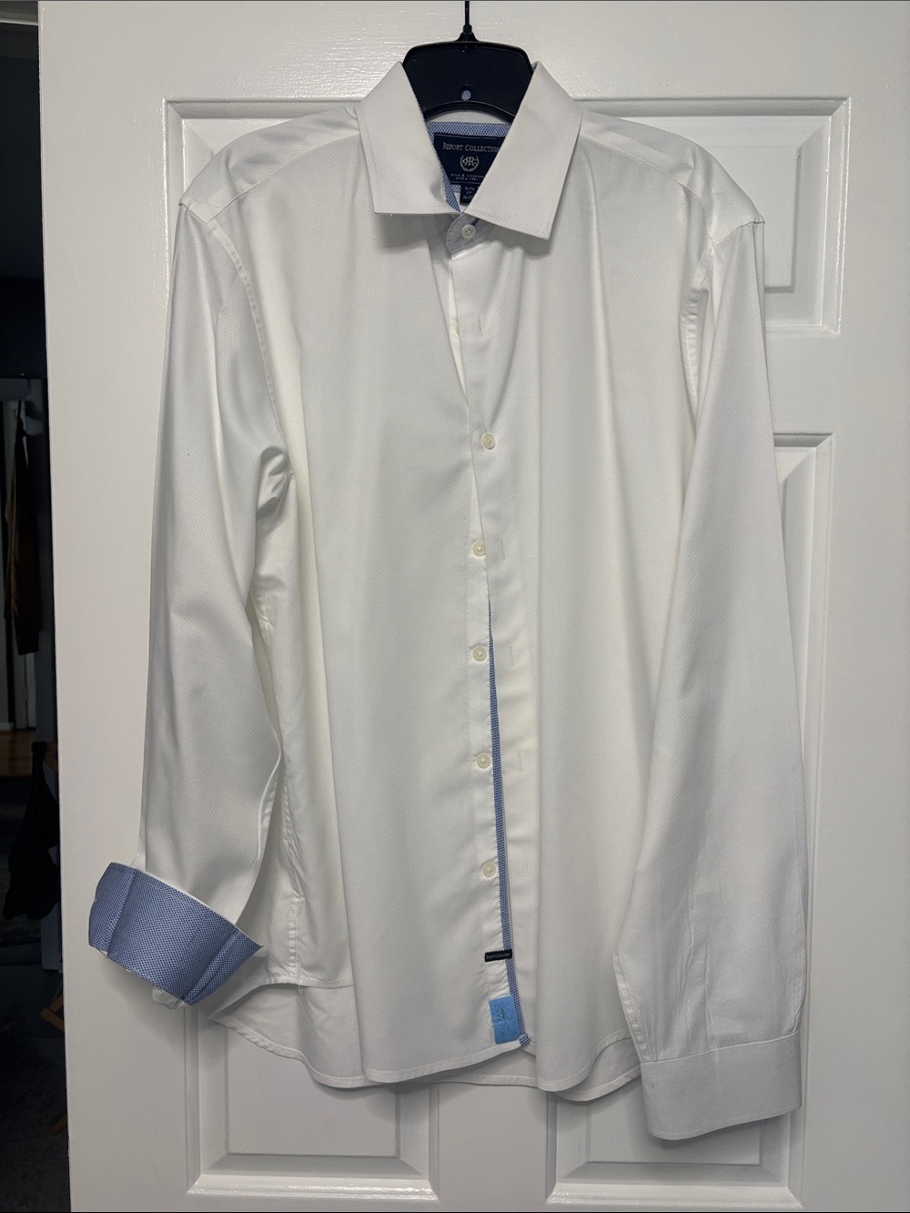 Report Collection White Dress Shirt with Light Blue Trim